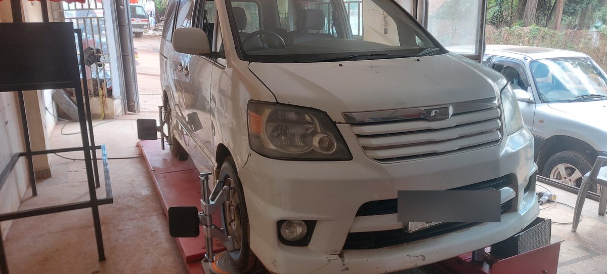 Van on the alignment ramp with alignment targets fitted